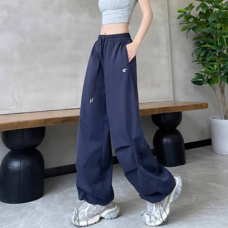 藏青色速干工装裤女夏季薄款2025新款宽松显瘦美式阔腿拖地裤子