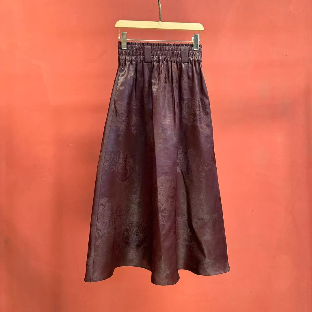 艾可原创半裙桑波缎提花香云纱红云纱长90半身裙国风高腰A字秋冬