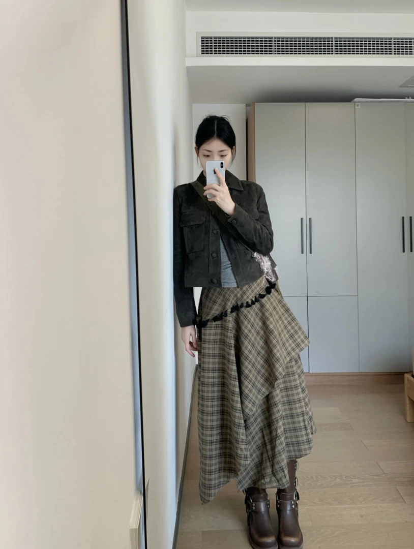 望野集Widset（米粽格序）复古秋冬不规则设计a字裙松紧格子8113#