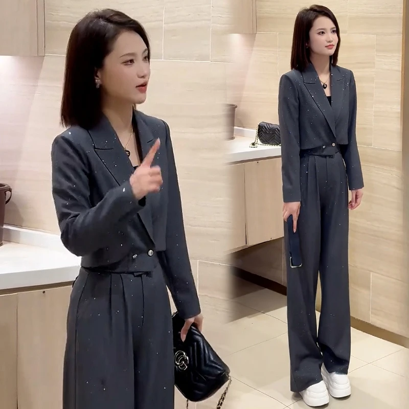 时尚休闲套装女2025春秋新款百搭时髦显瘦西服外套直简西裤两件套