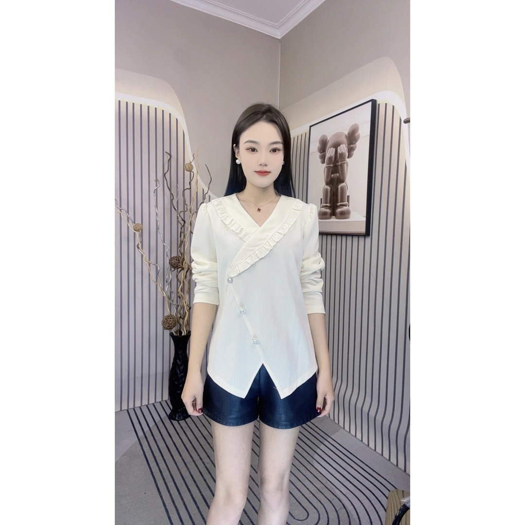 木耳边V领套装法式染色宽松长袖常规T恤拼接小众减龄百搭