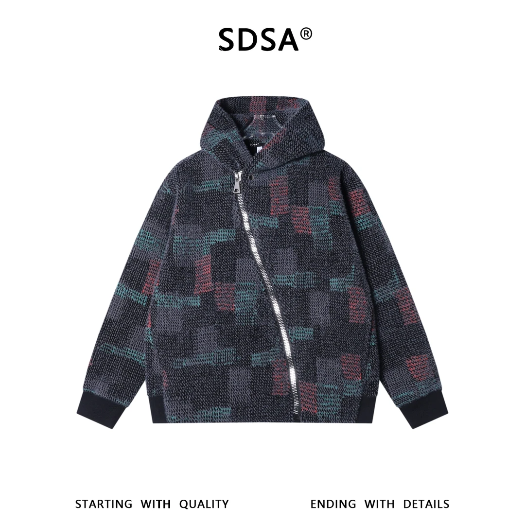 SDSA男士秋冬新款痞帅男装潮牌撞色不规则格子斜拉链连帽卫衣外套