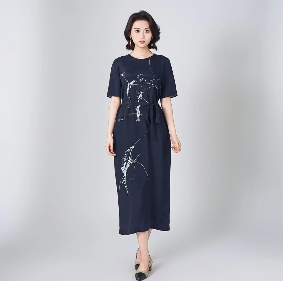 WENSILIAN【石魄缠枝】100%桑蚕丝连衣裙（裙长：126cm）WS12-178414