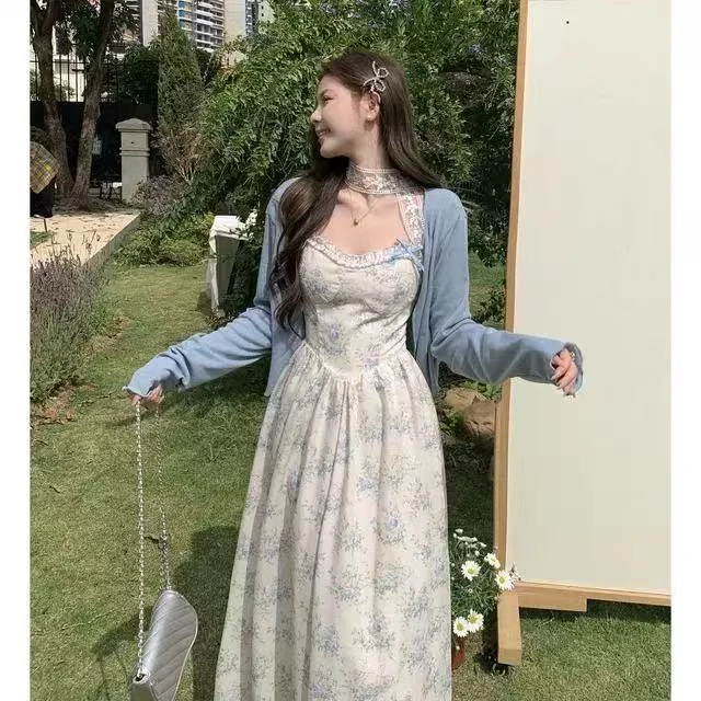 大码女装微胖mm法式复古风印花吊带裙高腰显瘦长裙开衫套装6390