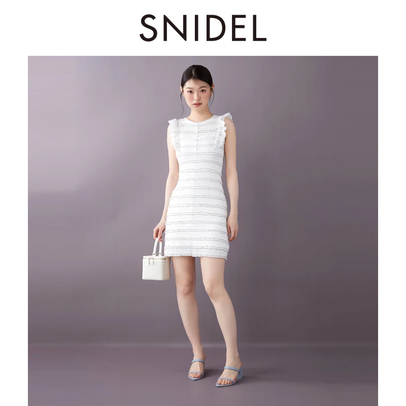 SNIDEL2025春夏新品百搭圆领褶皱蕾丝荷叶边连衣裙 SWCO252087