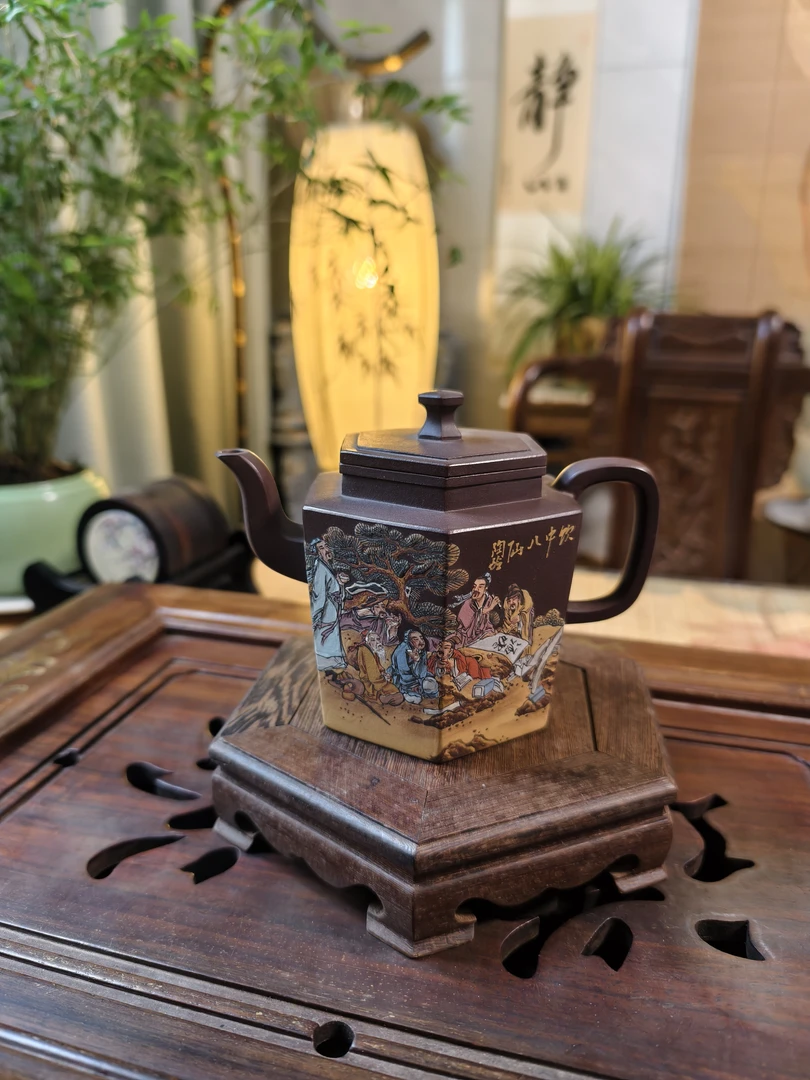 原矿手工金砂紫泥醉六方八仙家用泡茶紫砂茶具泥绘范玉珍