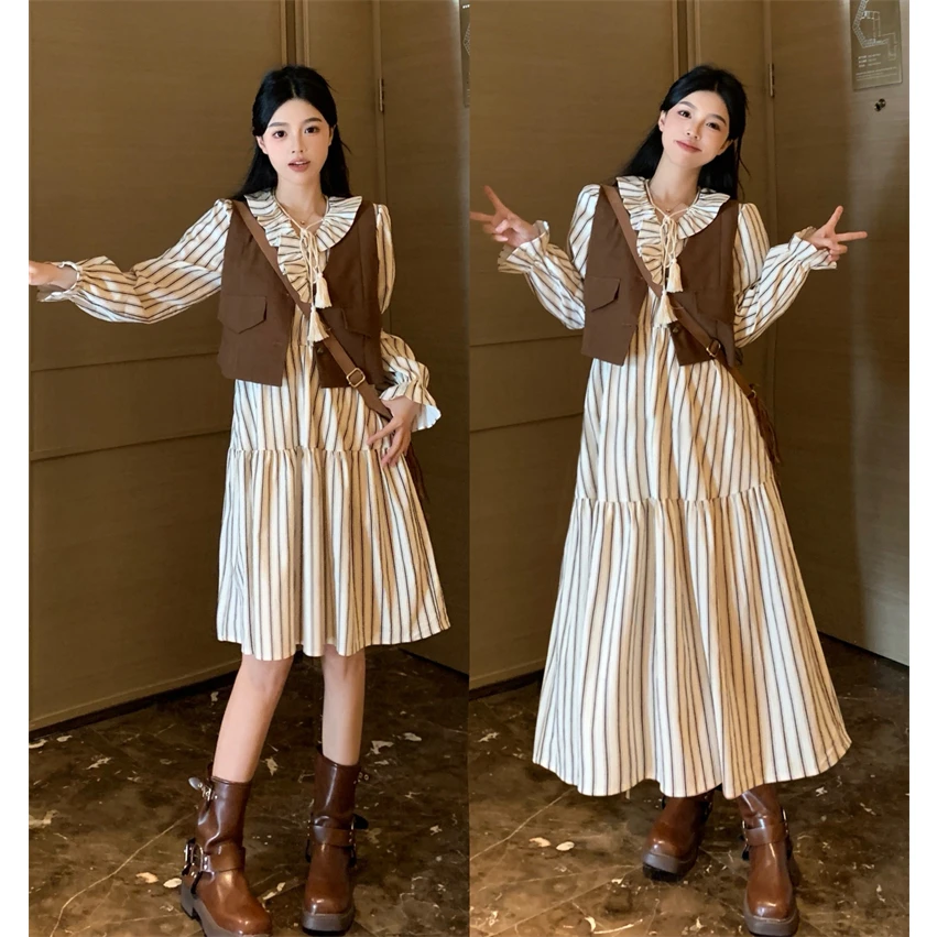 2025大码春装新款胖MM复古盘扣马甲法式温柔风气质长裙两件套