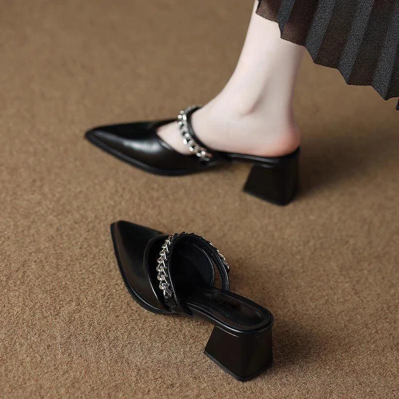 新中式一脚蹬时尚气质高级感包头半拖鞋女外穿夏天配裙子高跟单鞋