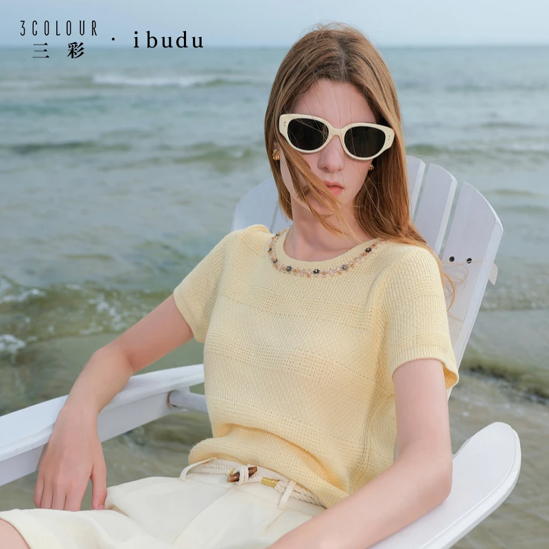 【艾美专属】2147三彩ibudu2025夏季新款织带圆领修身短款针dbx