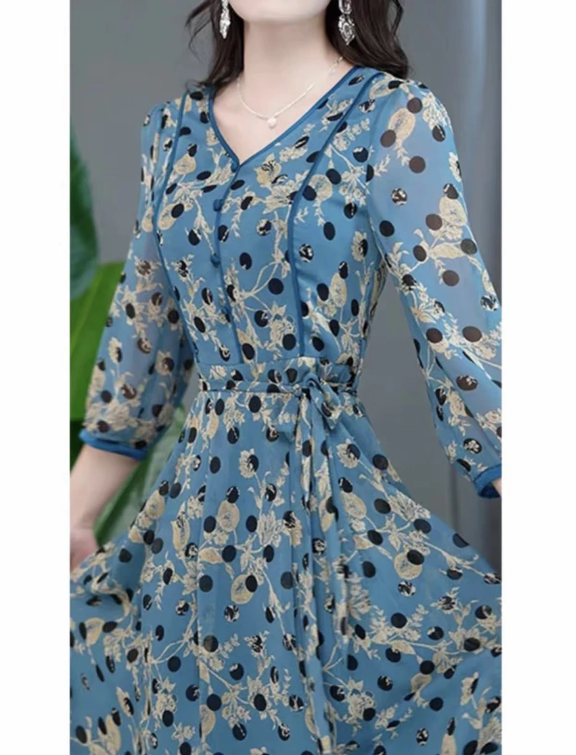 夏季圆领V领波点显瘦中袖连衣裙裙子碎花法式江南风七分袖连衣裙