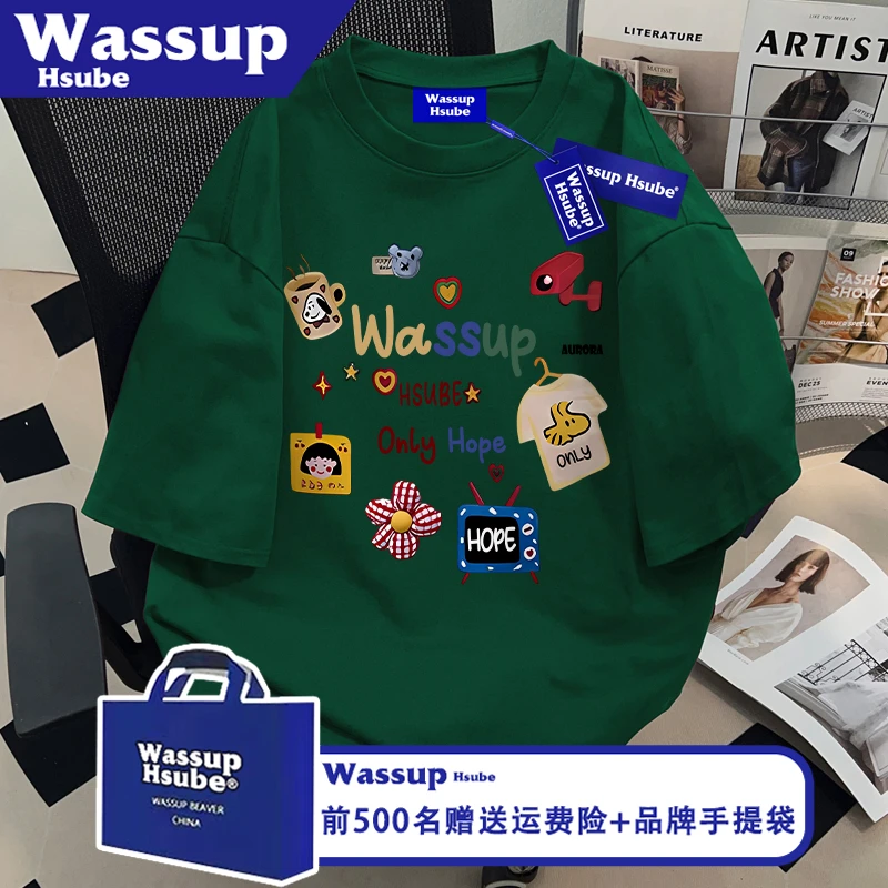 WASSUP HSUBE创意卡通印花墨绿纯棉中性T恤短袖ins夏季男女款上衣