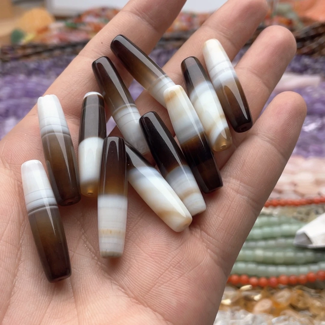 玛瑙/玉髓未镶嵌珠宝半成品两个装咖啡缠丝奶盖天柱8*33