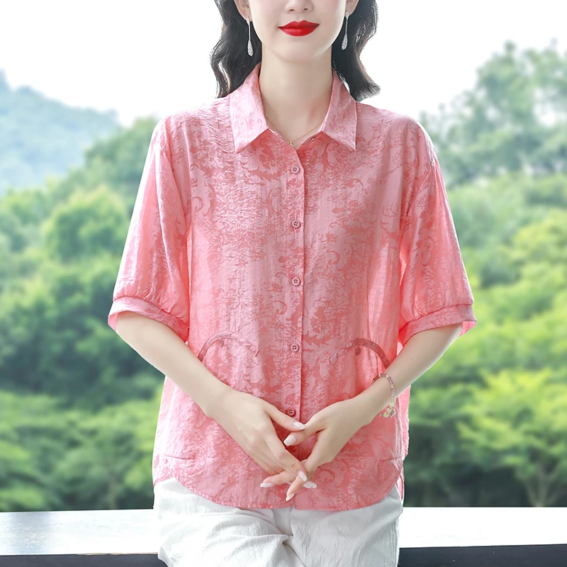 天丝薄款短袖衬衫女士夏装新款时尚气质衬衣宽松遮肚妈妈棉麻上衣