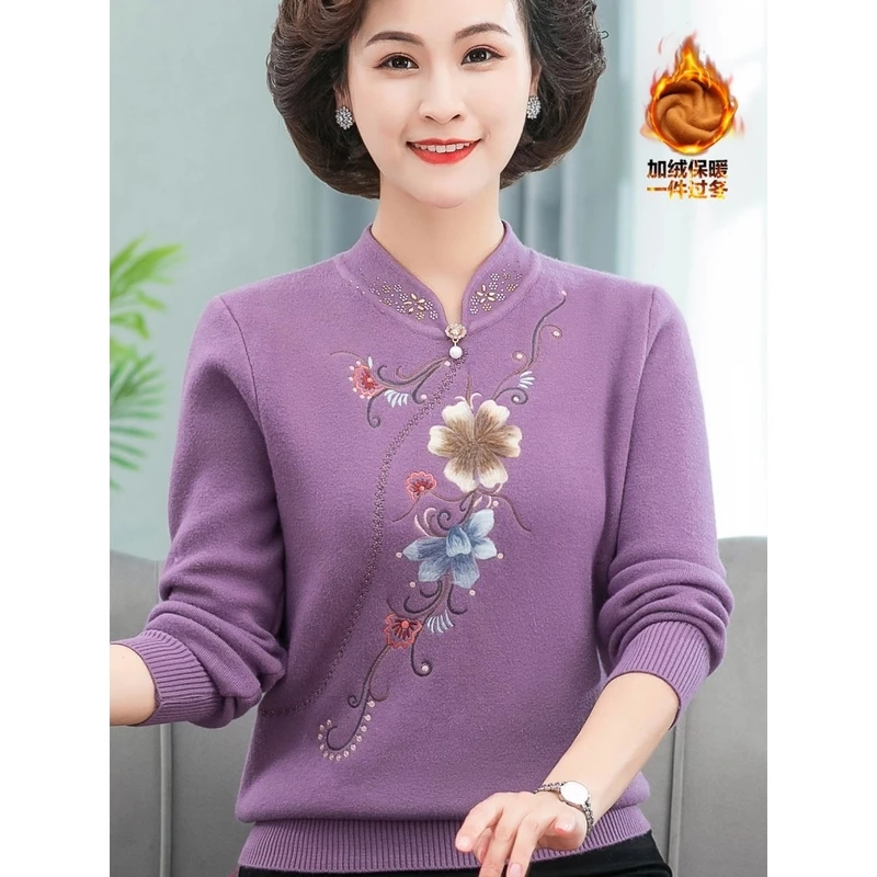 一体绒毛衣女士冬季加绒加厚保暖新中式妈妈装上衣刺绣洋气打底衫