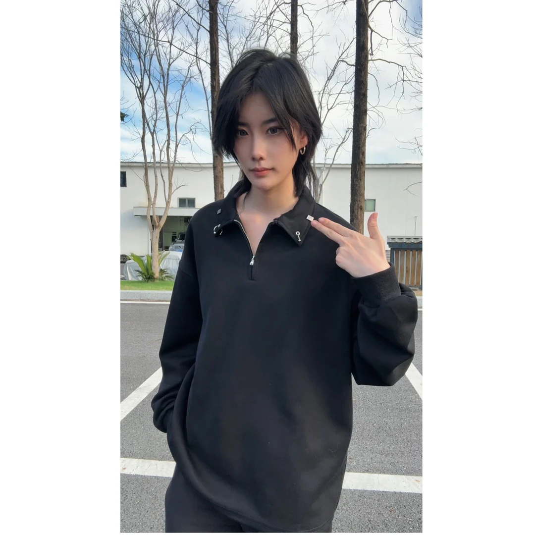 美式cleanfit金属装饰卫衣男潮牌高街设计内搭纯色高级感痞帅外套