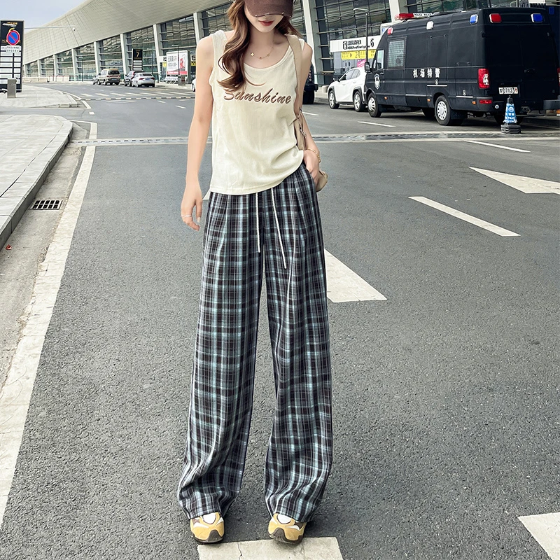 高级感复古格子阔腿裤女夏季薄款2025新款高腰垂感直筒休闲拖地裤