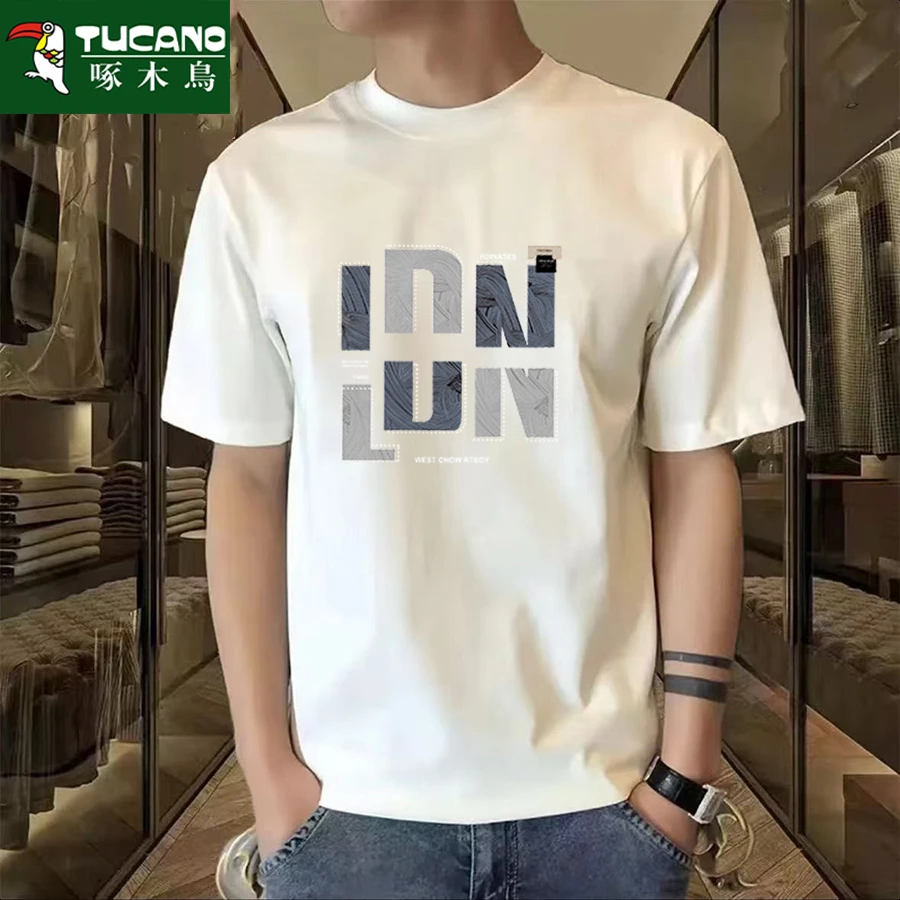 啄木印花纯棉夏季潮牌美式痞帅重磅T青年百搭圆领ins宽松短袖爆款