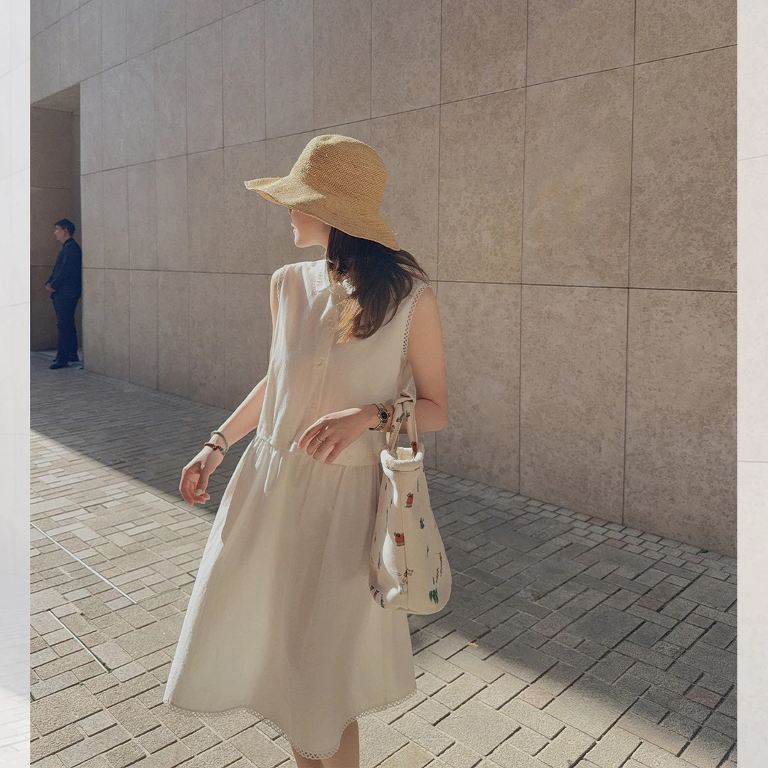 莉贝琳sisy白色连衣裙无袖娃娃领可脱卸两穿衬衫裙子S25204DS03