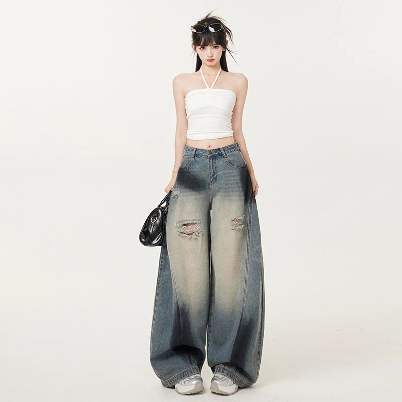 美式怀旧破洞弯刀牛仔裤小众喷绘做旧宽松牛仔裤长裤&加长