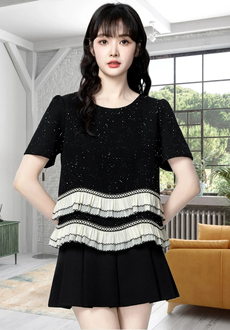 微胖mm女装时尚撞色拼接T恤夏季新款遮肉显瘦短袖T恤爆款甜美上衣