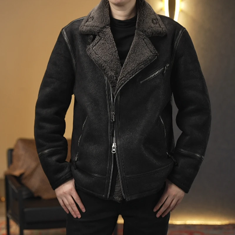 新款复古机车原生态羊皮毛一体男真皮毛重水洗时尚简约皮草外套