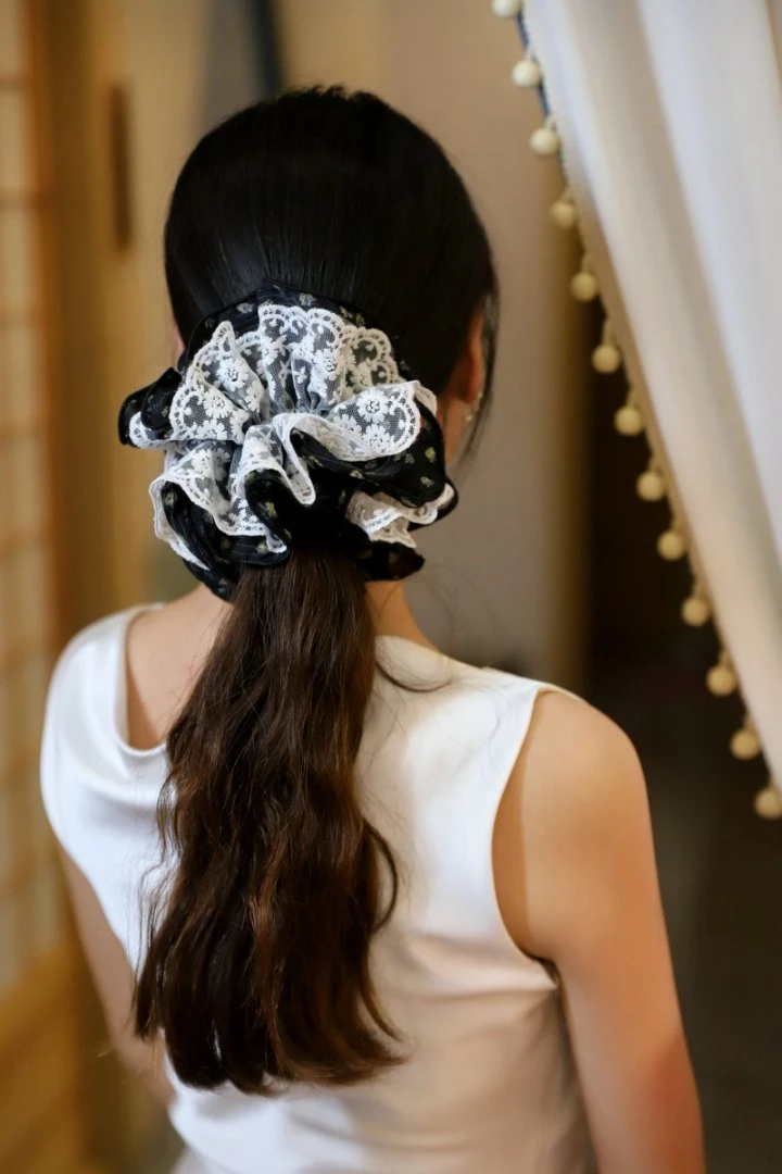 韩版百搭款碎花刺绣四层超大发绳网纱简约优雅气质日韩女丸子头