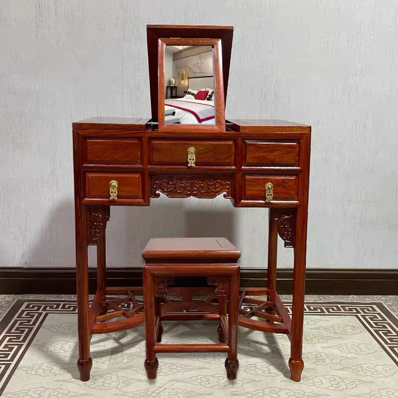 红木梳妆台花梨木化妆桌实木缅甸花梨新中式翻盖镜卧室简约小户型