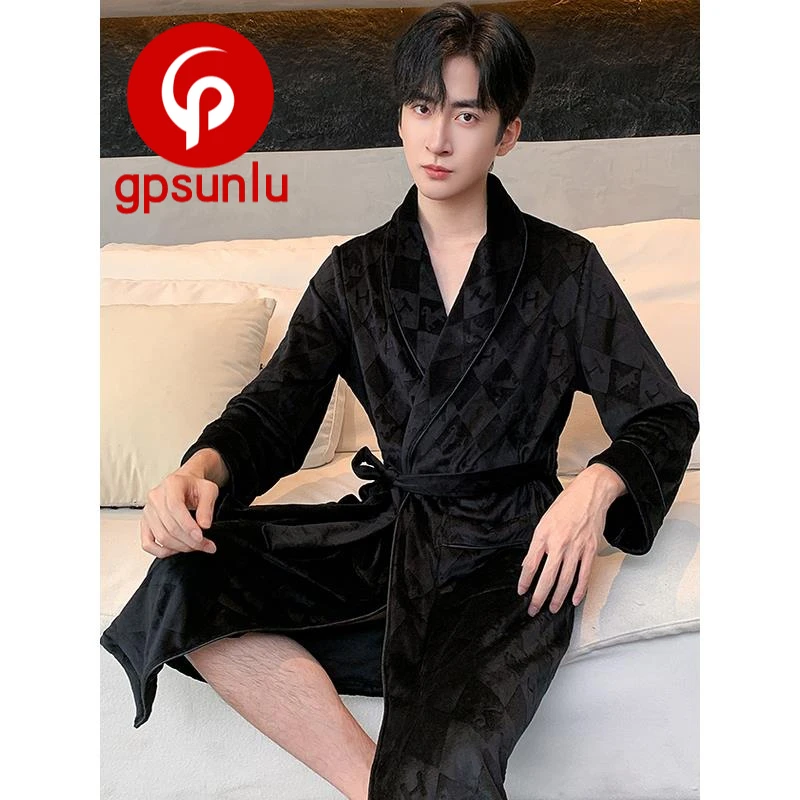 GPSUNLU高端海岛绒睡袍男士秋冬季浴袍中长款加绒加厚睡衣男款