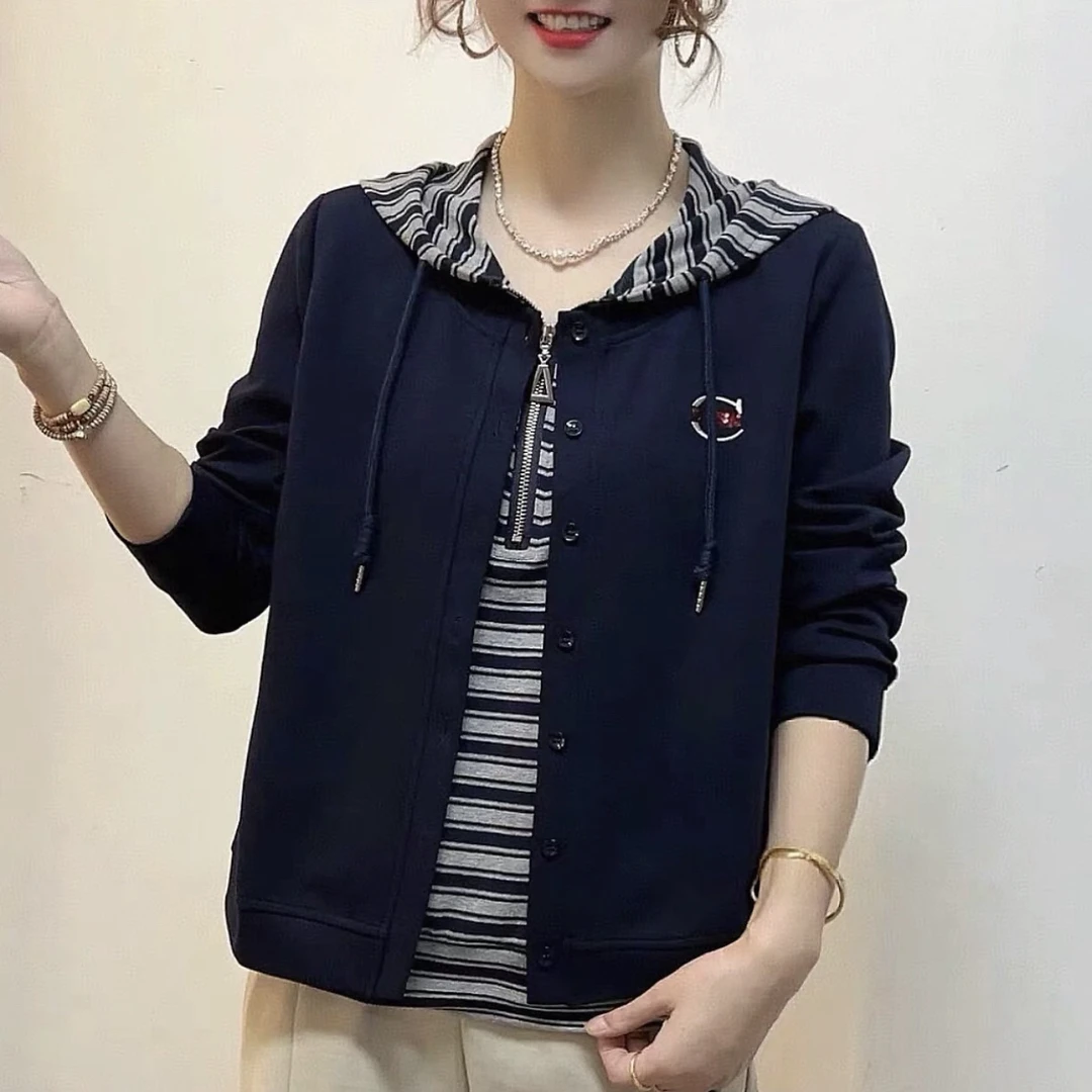 秋季新款时尚百货连帽条纹卫衣女士休闲假两件减龄显瘦长䄂上衣女