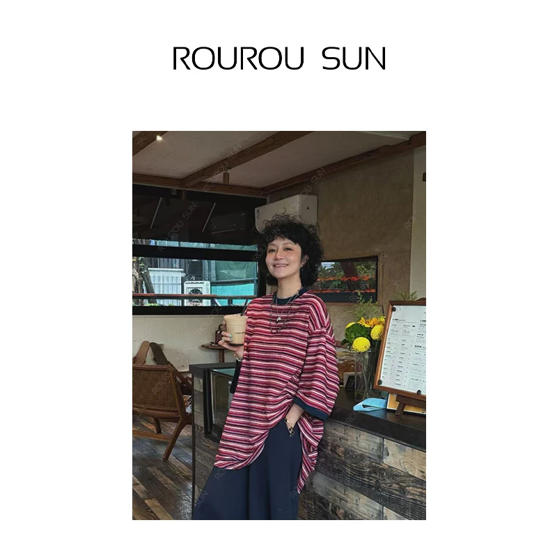 27595短袖宽松条纹休闲短袖拼接染色T恤