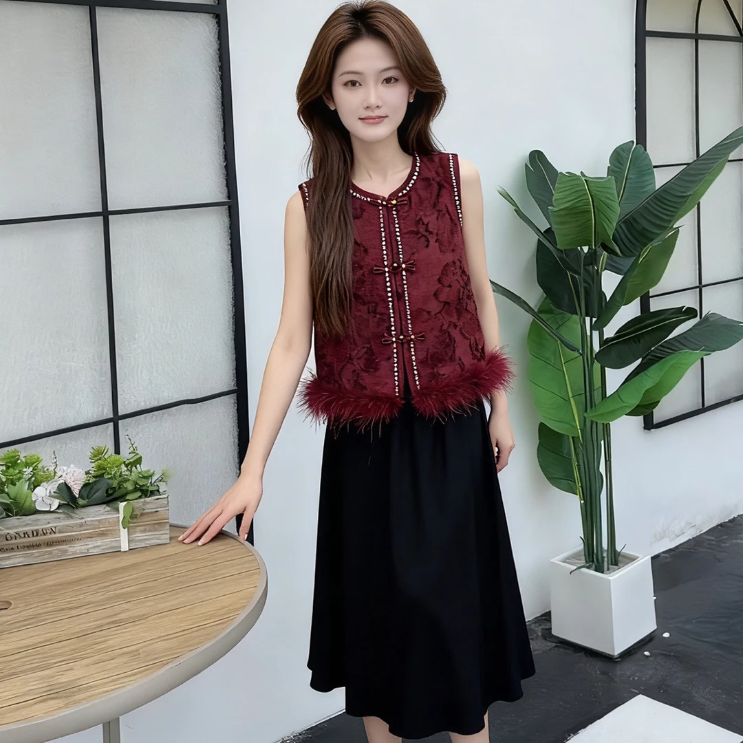 立体装饰提花免烫秋冬单排扣马夹厚款中式短款拼接驼鸟毛小香