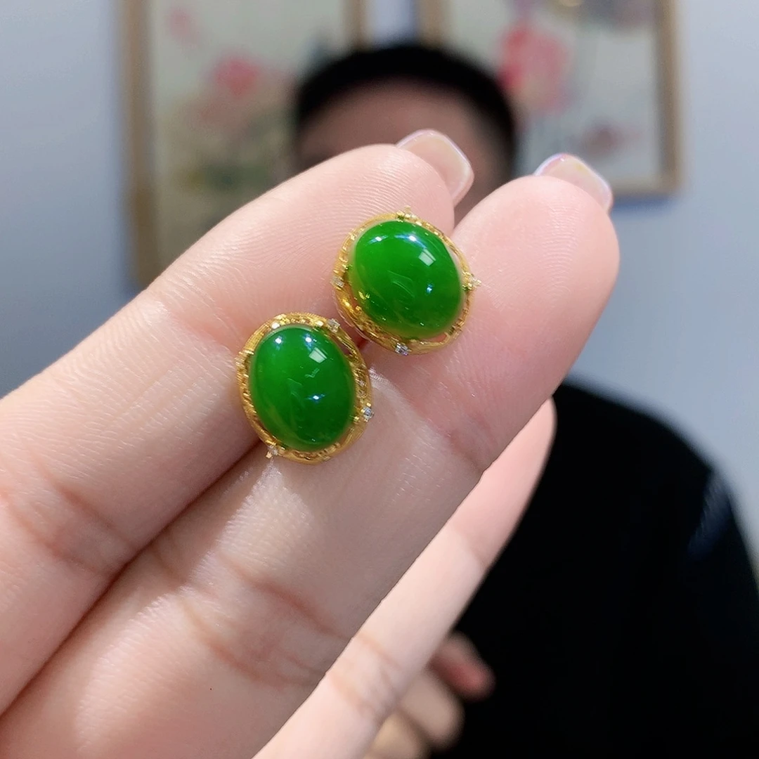 和田玉（碧玉）耳饰银S925镀金镶嵌