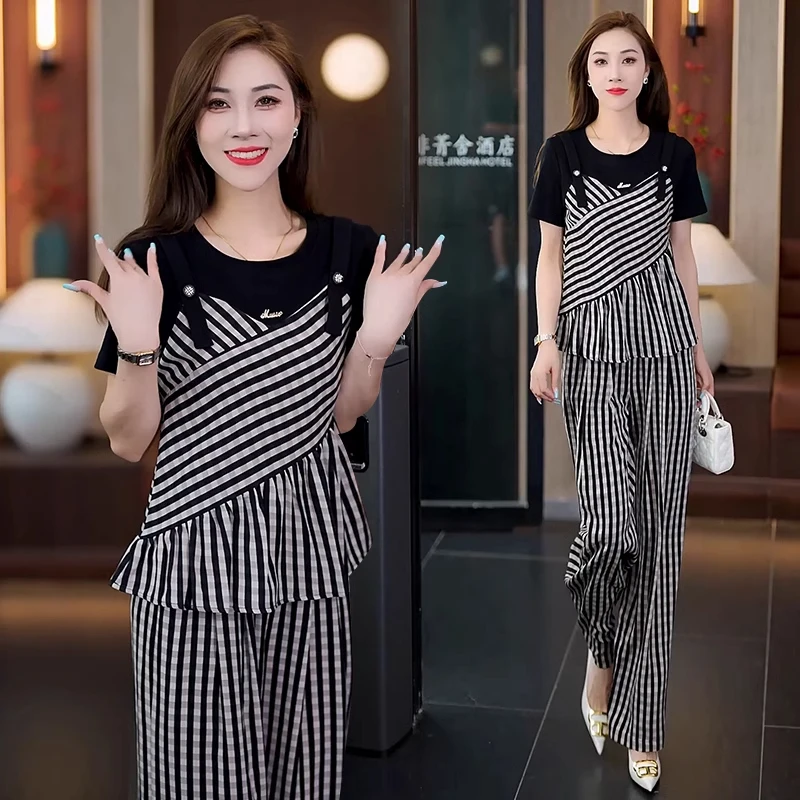 时尚拼接条纹短袖阔腿裤两件套女2025夏季新款洋气质韩版垂感套装