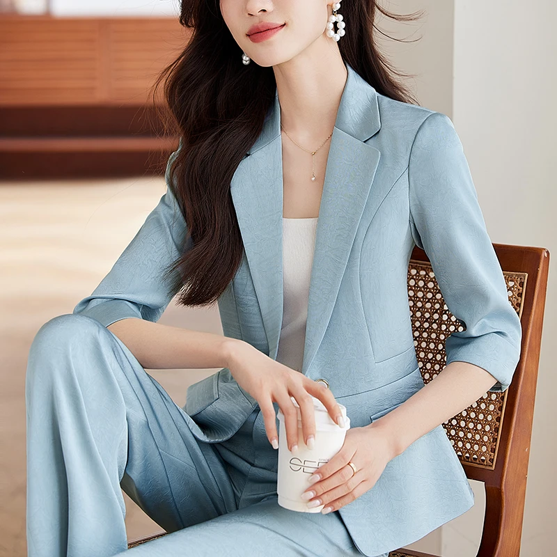 蓝色中袖西装套装女夏季薄款2025新款气质女神范高级感职业工作服