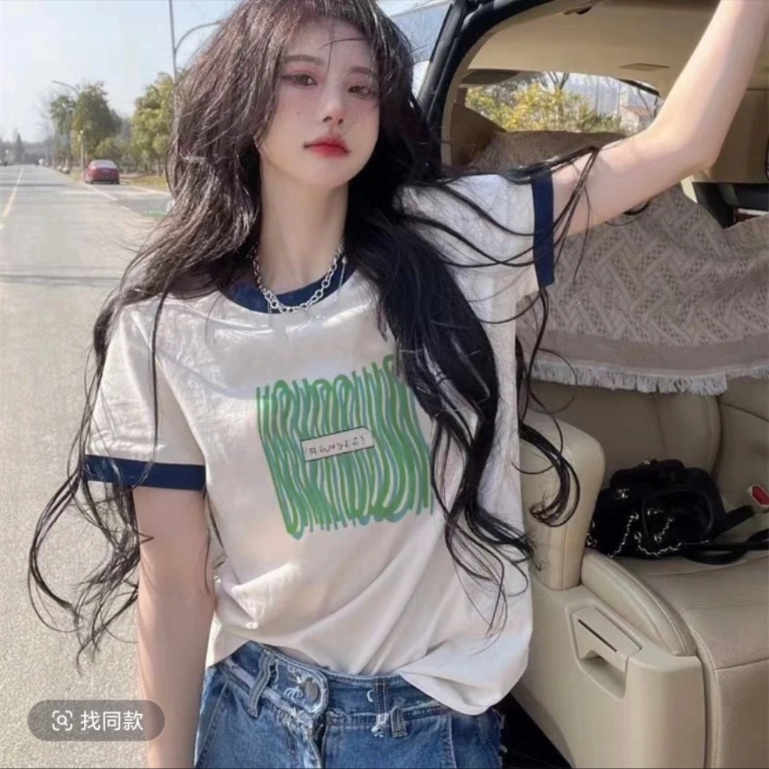 夏季潮款纯棉圆领时尚百搭ins宽松拼色短袖印花T恤-绿波浪-J