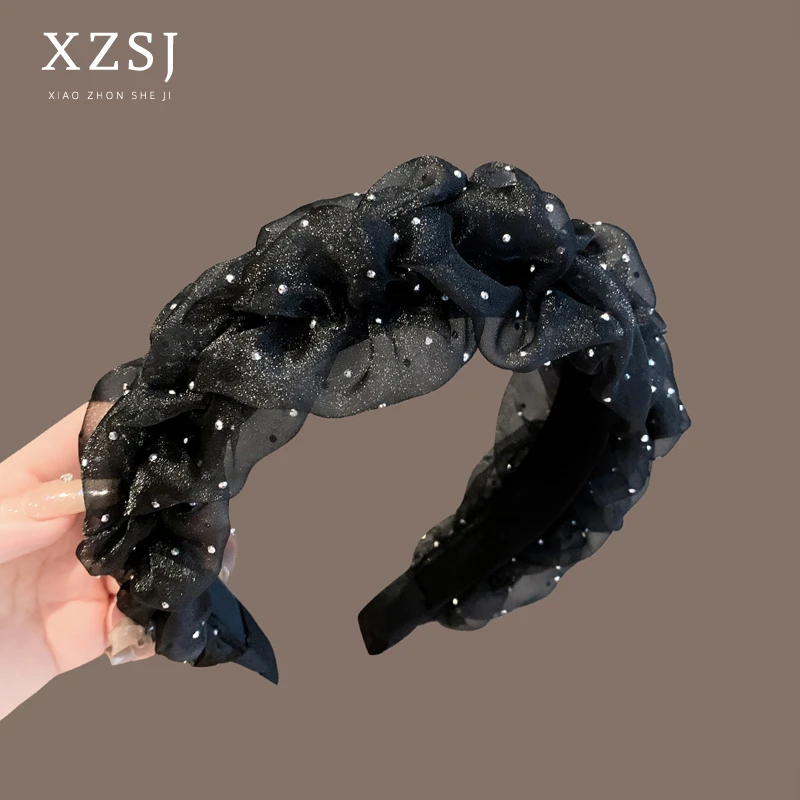 法式黑色网纱褶皱发箍满天星简约蓬松显白高颅顶温柔发卡压发头箍