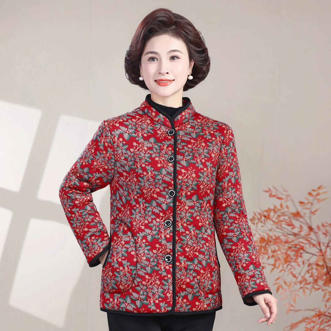 妈妈秋冬小棉衣新款时尚加绒保暖棉服中老年女装奶奶短款碎花棉袄
