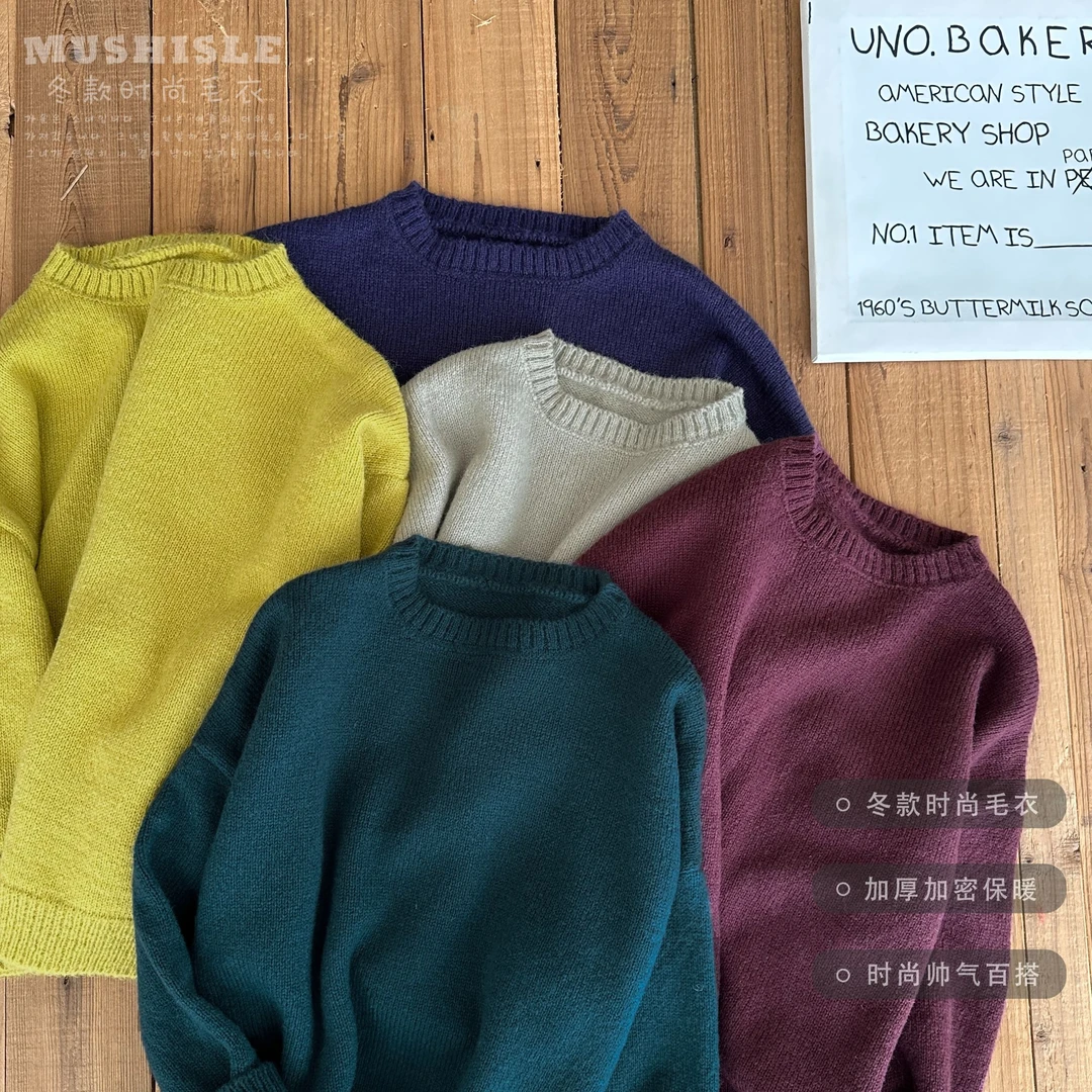 阿又冬季童装儿童男童中大童亲子圆领纯色毛衣99220D