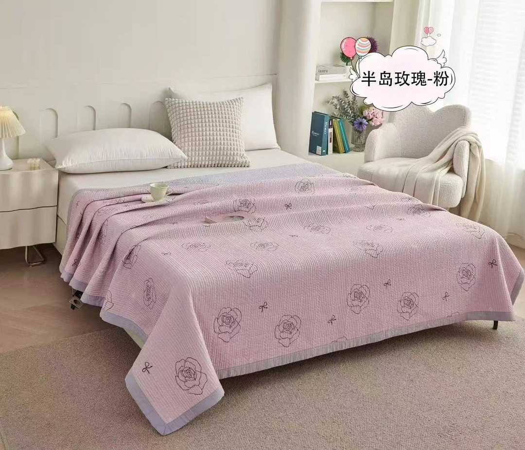 【牡丹蝴蝶结绗缝紫】高端天丝+羽丝棉贡缎双用绗缝超柔床盖春夏