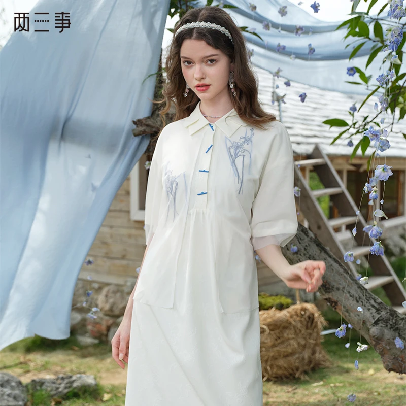 两三事月下白茶 流苏绣花撞色纽扣衬衫连衣裙S25CLY266