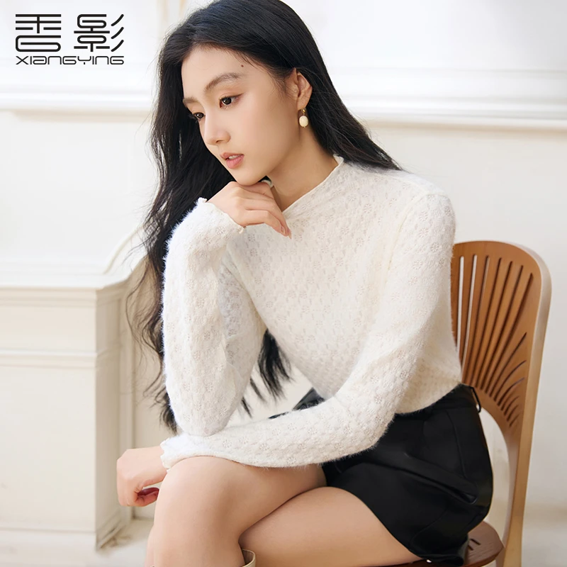 T85W758雪纺衫 香影白色半高领花边蕾丝衫女冬季新款打底长袖套