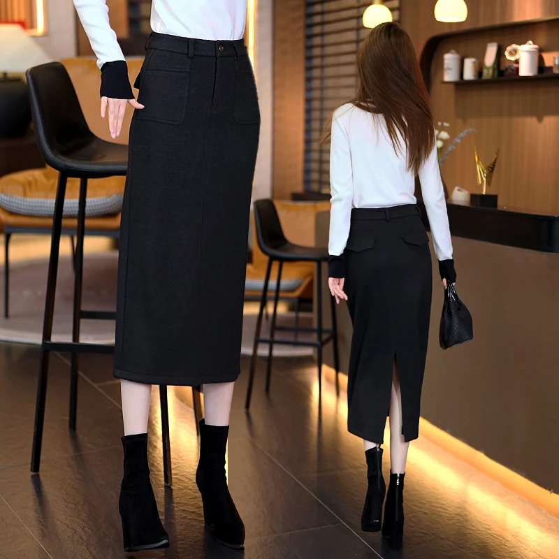 毛呢半身裙女秋冬季2025新款a字高腰显瘦开叉中长款一步包臀裙子