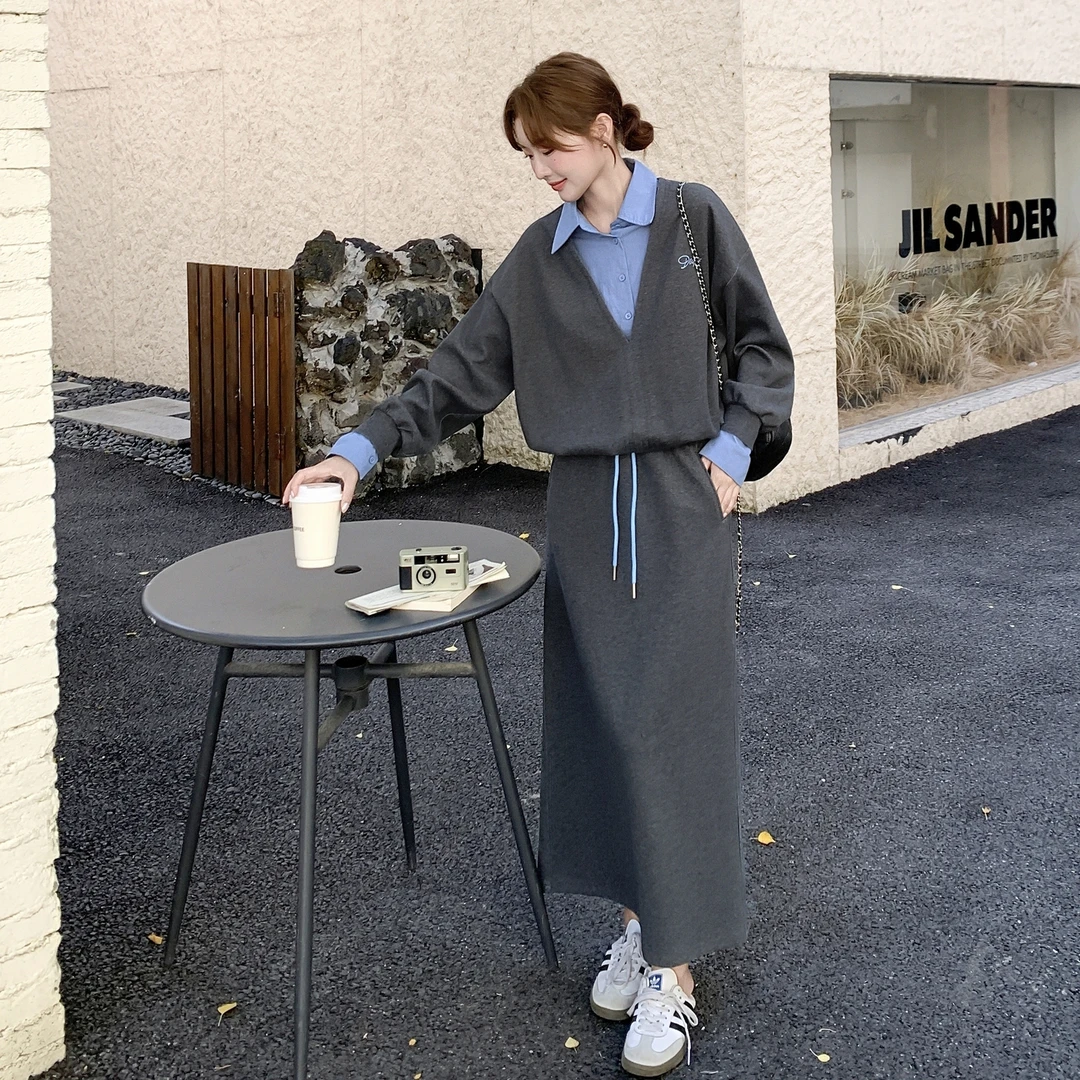 韩系通勤休闲套装女2025早秋ootd穿搭减龄假两件卫衣半身裙两件套