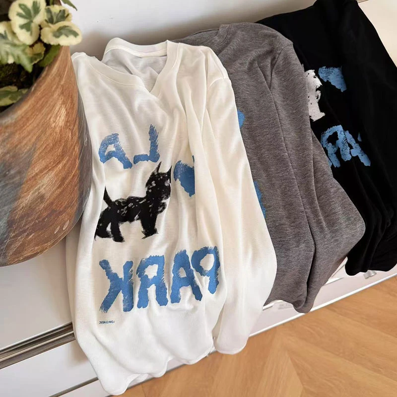 美式中长款印花长袖T恤女春秋季2025新款高级感百搭微透防晒上衣