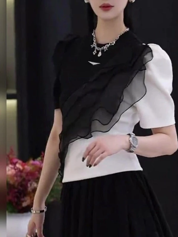 高级设计感气质圆领黑白拼接短袖2025年夏季冷淡系百搭T恤衫欧货