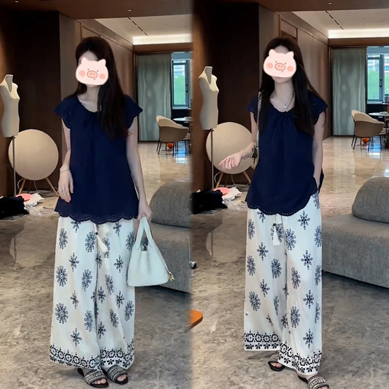 2025超火夏装大方得体穿搭一整套轻奢藏蓝色衬衫印花休闲裤套装女