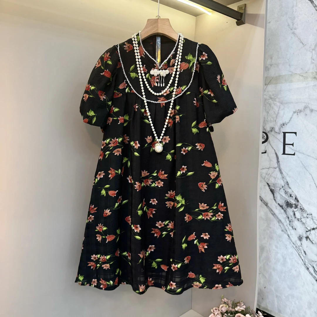 2025新中式国风碎花复古泡泡袖甜美减龄胖妹妹改良版旗袍裙8889