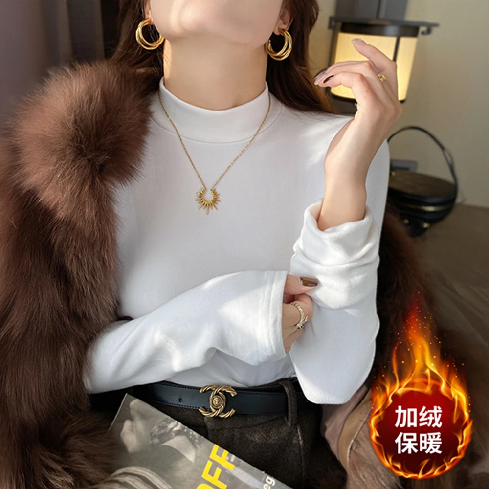 白色小立领长袖加绒磨毛打底衫新款T恤女内搭2026秋冬季韩版上衣