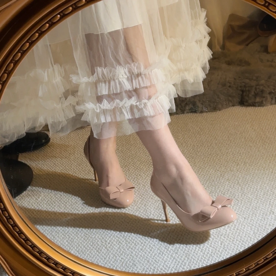 升级版：护趾棉！侧空裸粉单鞋甜美风圆头蝴蝶结高跟鞋浅口细跟复古