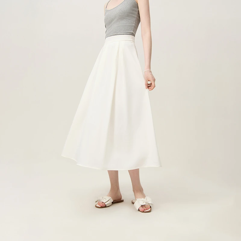 范思蓝恩缎面高腰A字裙子女2024夏季新款垂顺气质通勤24FS12238